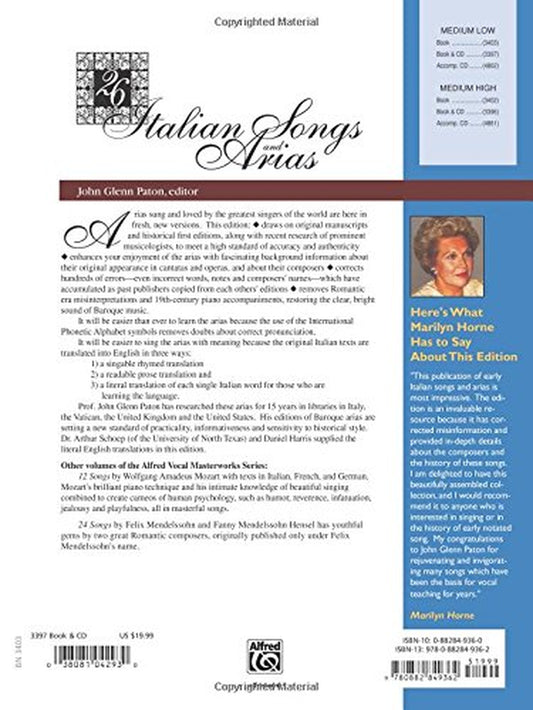 26 Italian Songs and Arias: Medium Low Voice, Book & CD