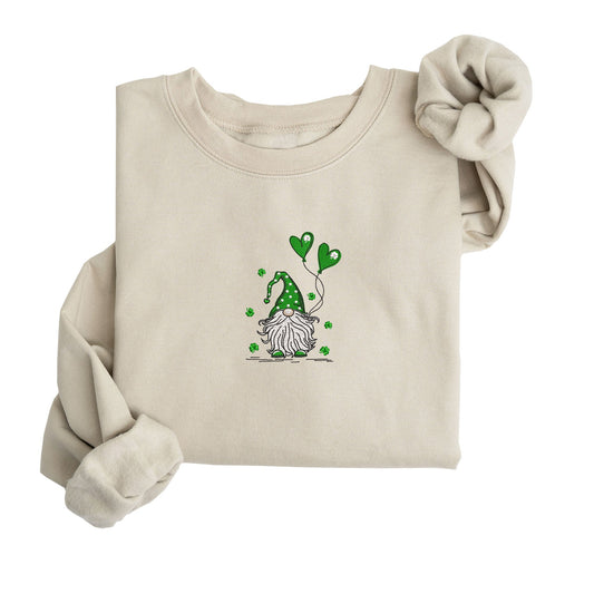 St Patrick's Day Gnome Holding Balloons Embroidered Sweatshirt | Fleece Lined Pullover | Leprechaun | Green | Shamrock | Stitched | Lucky | Four Leaf Clover