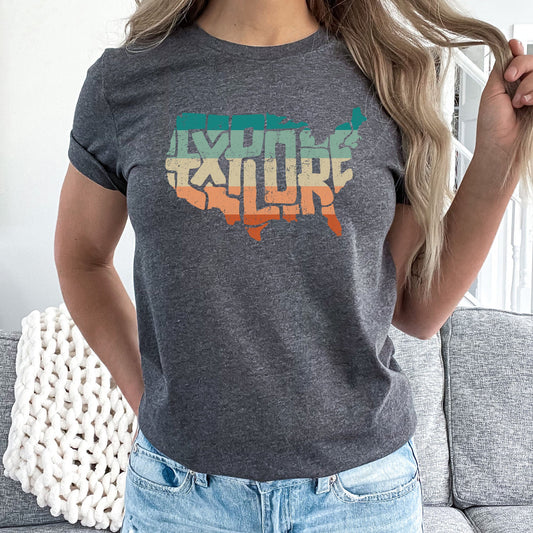 Explore USA Map Graphic Tee | Retro | Road Trip | Distressed Stripes | America | Map | Explore More | Layering Tee | Vacation