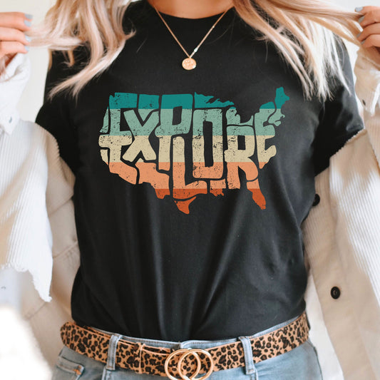 Explore USA Map Graphic Tee | Retro | Road Trip | Distressed Stripes | America | Map | Explore More | Layering Tee | Vacation