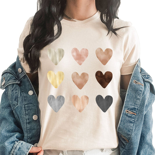 Pastel Hearts Grid Graphic Tee | Love | Water Colors Print | Trendy Graphic | Laying Tee | Hearts | 9 Heart Grid