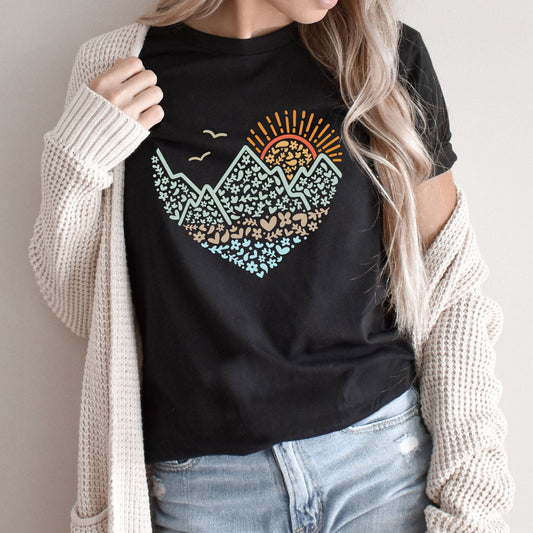 Adventure Mountains Heart Graphic Tee | Hiking | Adventure | Nature | Sun | Sunrise| Outdoors | Laying Tee | Wilderness | Vacation