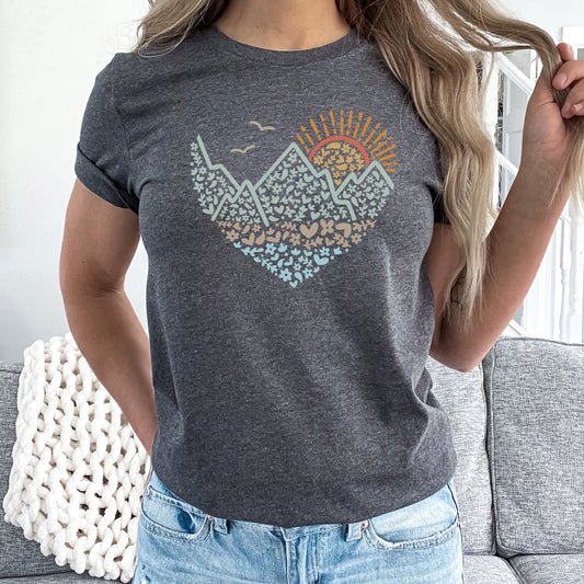 Adventure Mountains Heart Graphic Tee | Hiking | Adventure | Nature | Sun | Sunrise| Outdoors | Laying Tee | Wilderness | Vacation